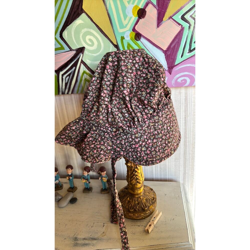 vintage 70s brown calico cotton floral bonnet